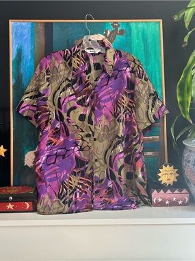 Alia Purple Olive Abstract Floral Button Up Short Sleeve Blouse L